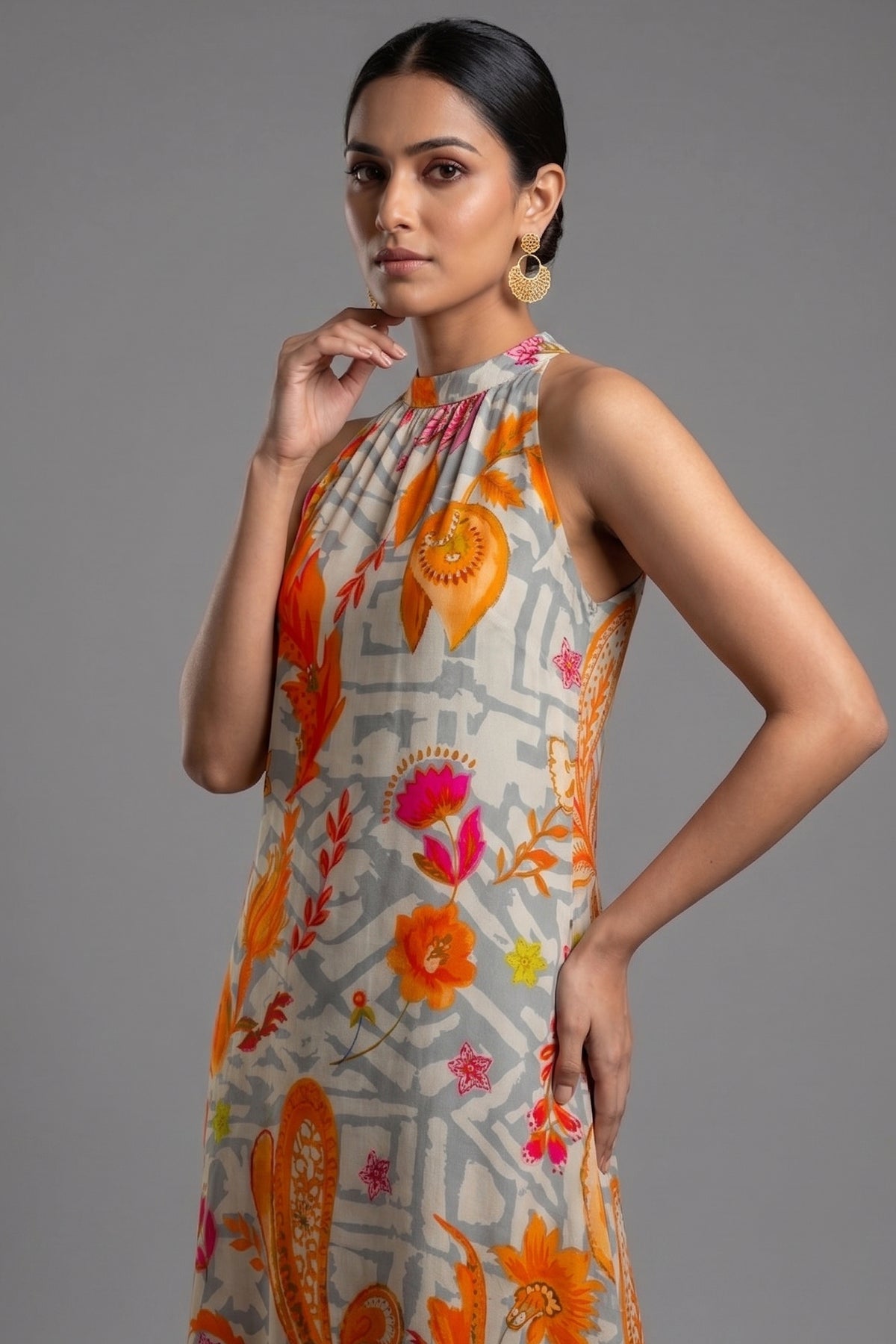 Grey Crepe Silk Floral Printed Halter Neck Co-Ord Set