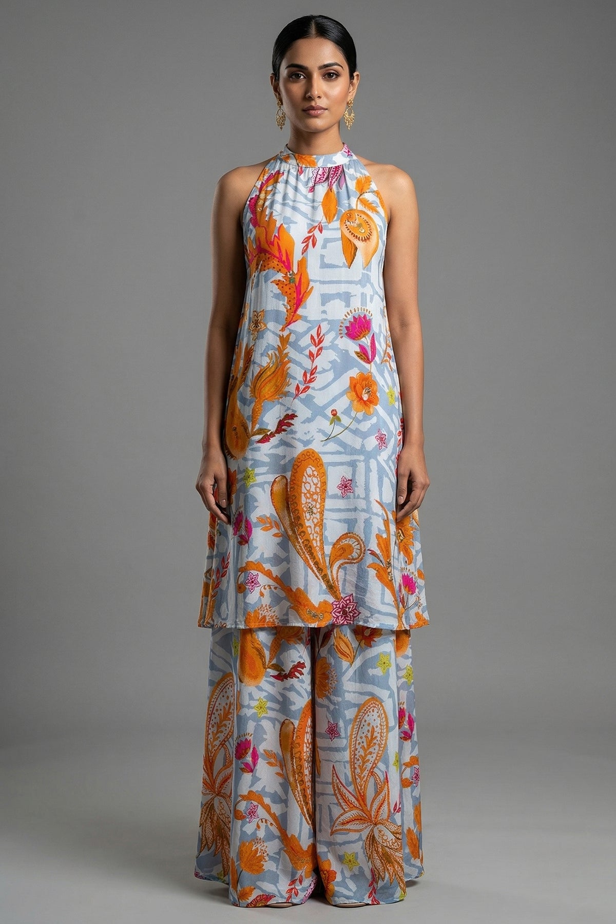 Grey Crepe Silk Floral Printed Halter Neck Co-Ord Set