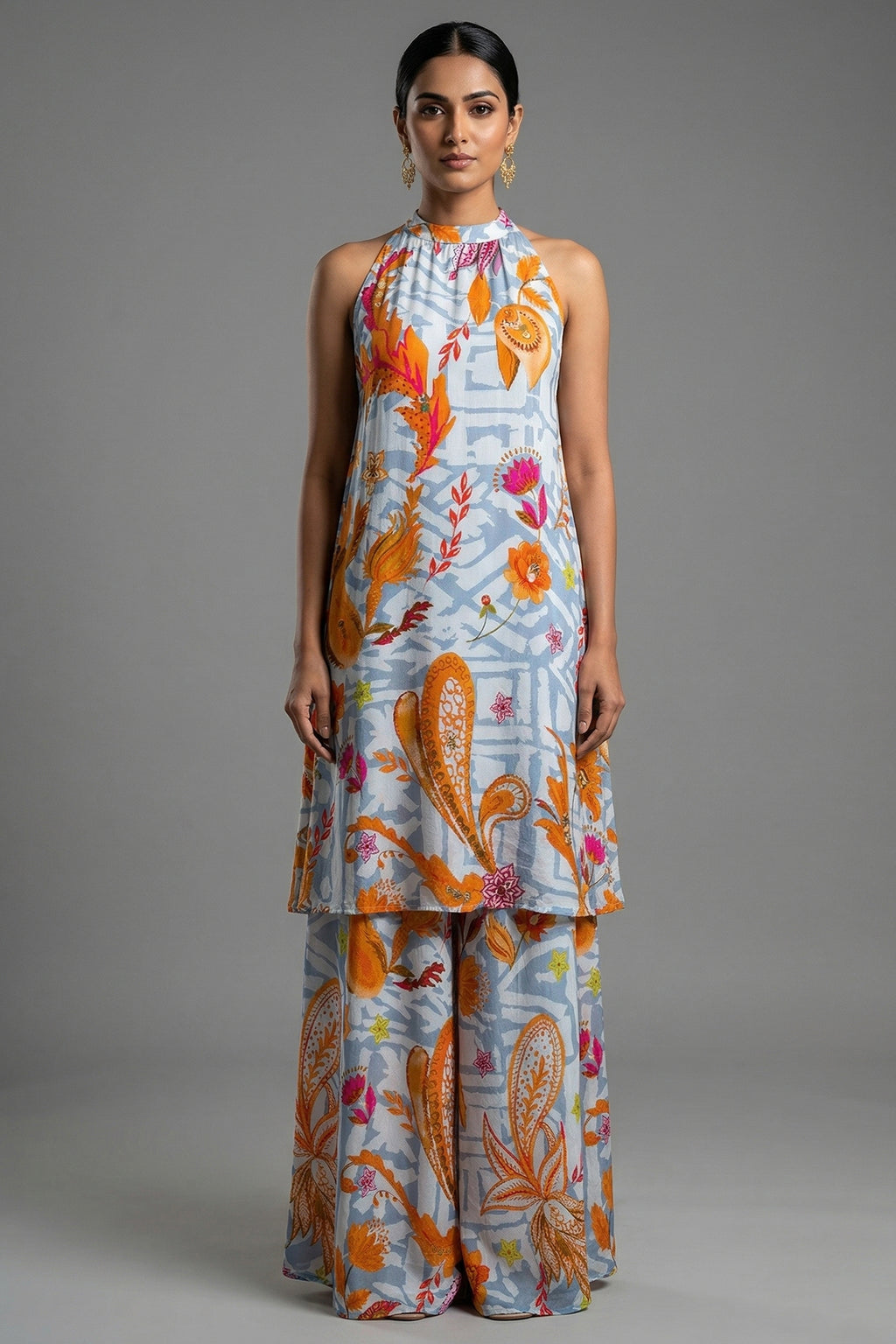 Grey Crepe Silk Floral Printed Halter Neck Co-Ord Set