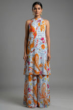 Grey Crepe Silk Floral Printed Halter Neck Co-Ord Set