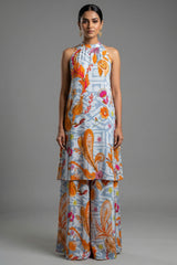Grey Crepe Silk Floral Printed Halter Neck Co-Ord Set