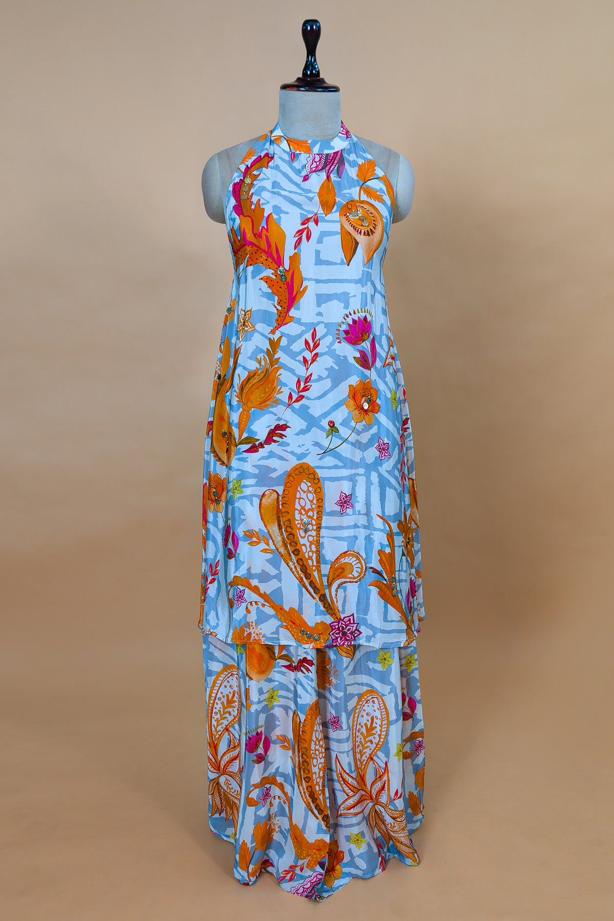 Grey Crepe Silk Floral Printed Halter Neck Co-Ord Set