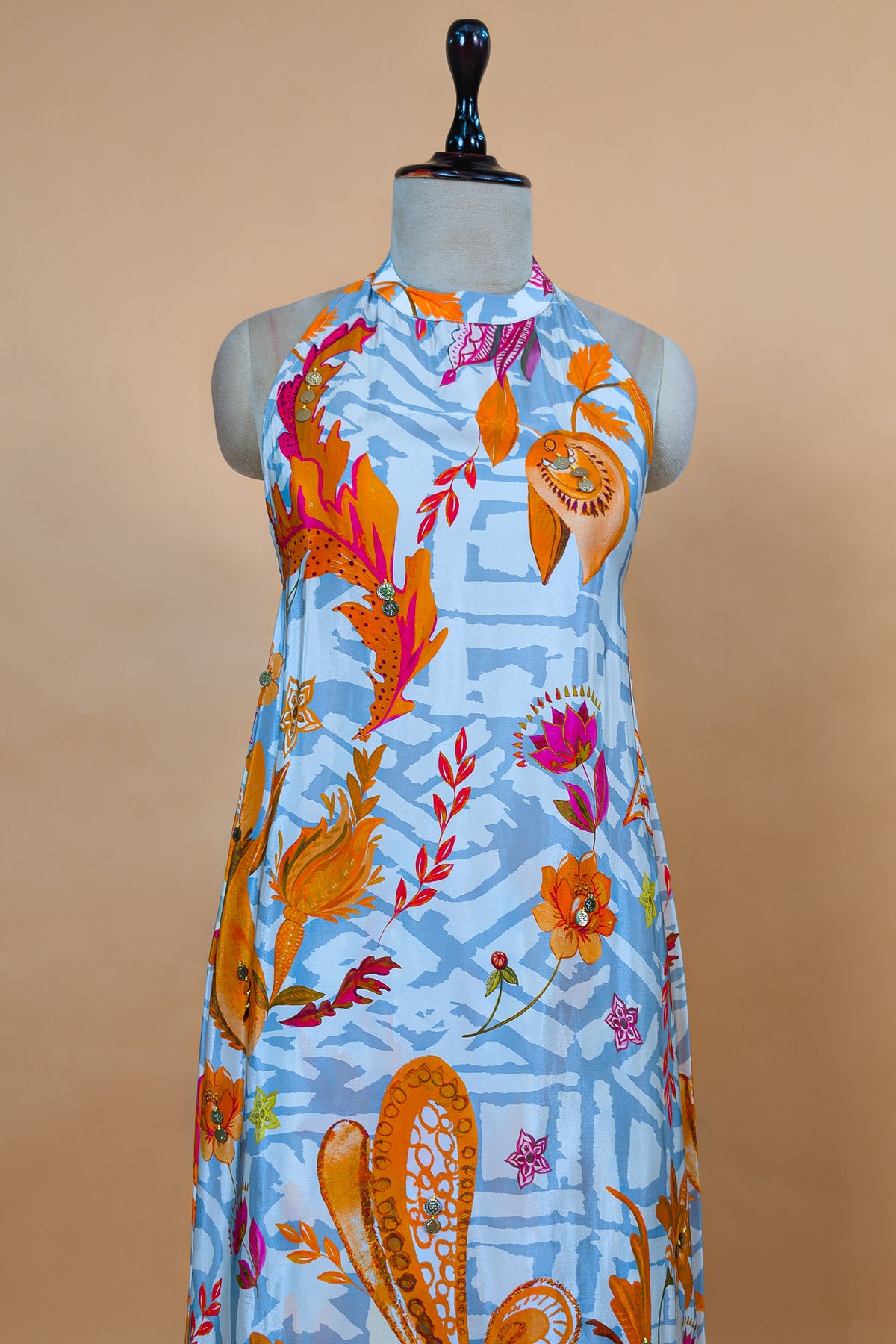 Grey Crepe Silk Floral Printed Halter Neck Co-Ord Set