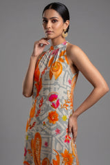 Grey Crepe Silk Floral Printed Halter Neck Co-Ord Set