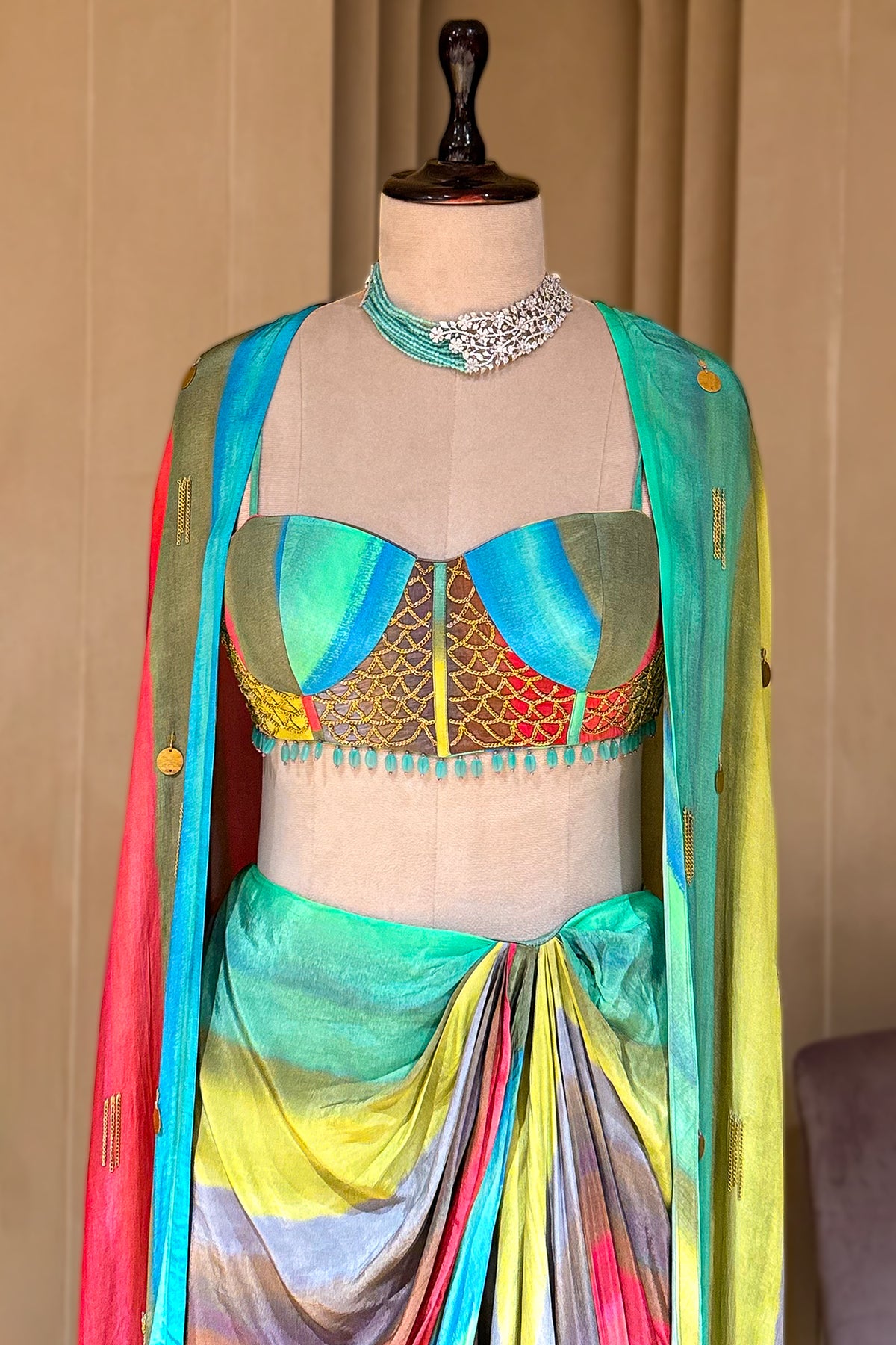 Veridian Crepe Satin Silk Cape Set