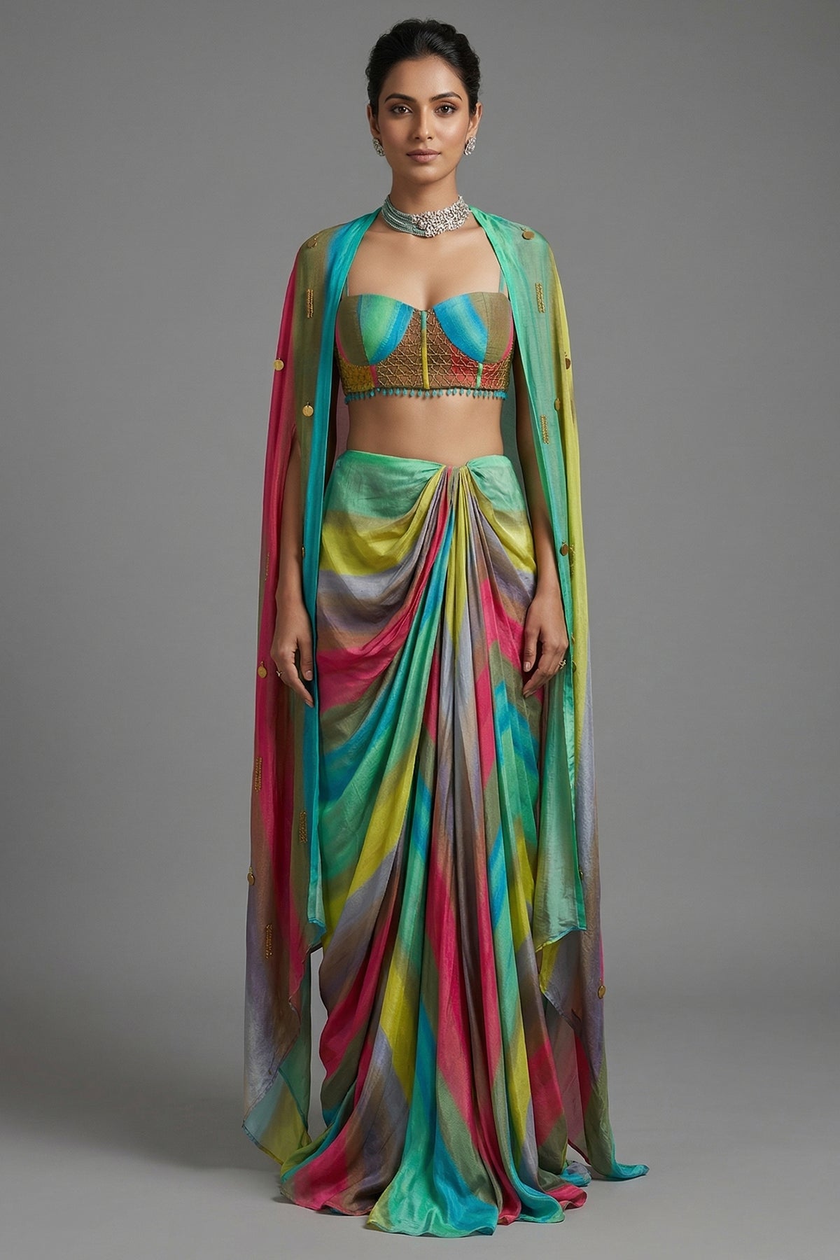 Veridian Crepe Satin Silk Cape Set