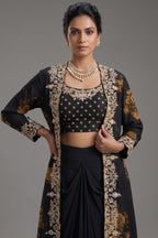 Black Chinon Chiffon Floral Printed Cape Set