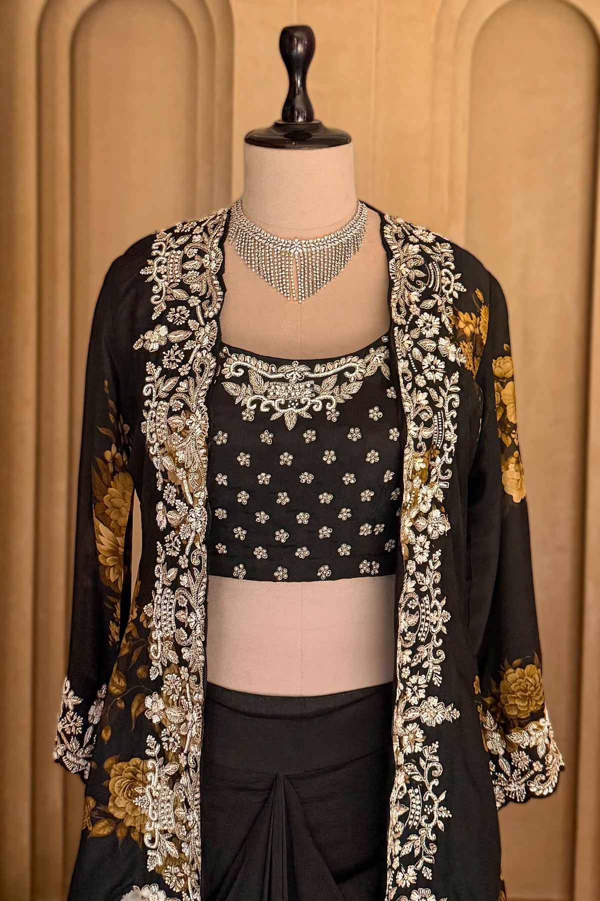 Black Chinon Chiffon Floral Printed Cape Set