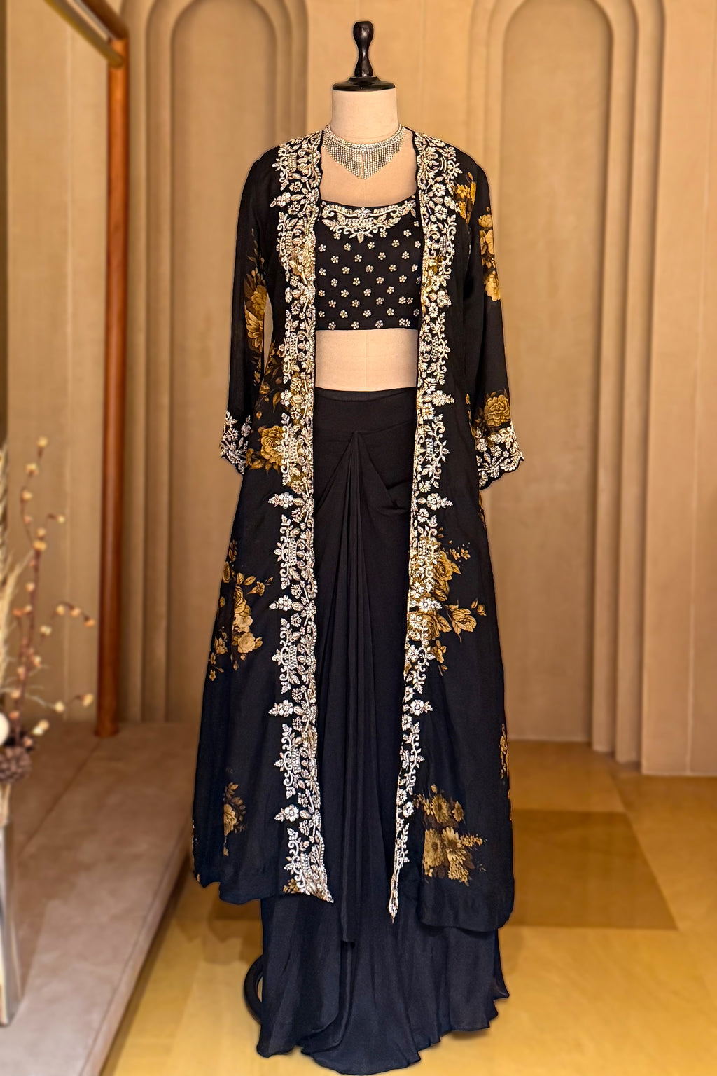 Black Chinon Chiffon Floral Printed Cape Set