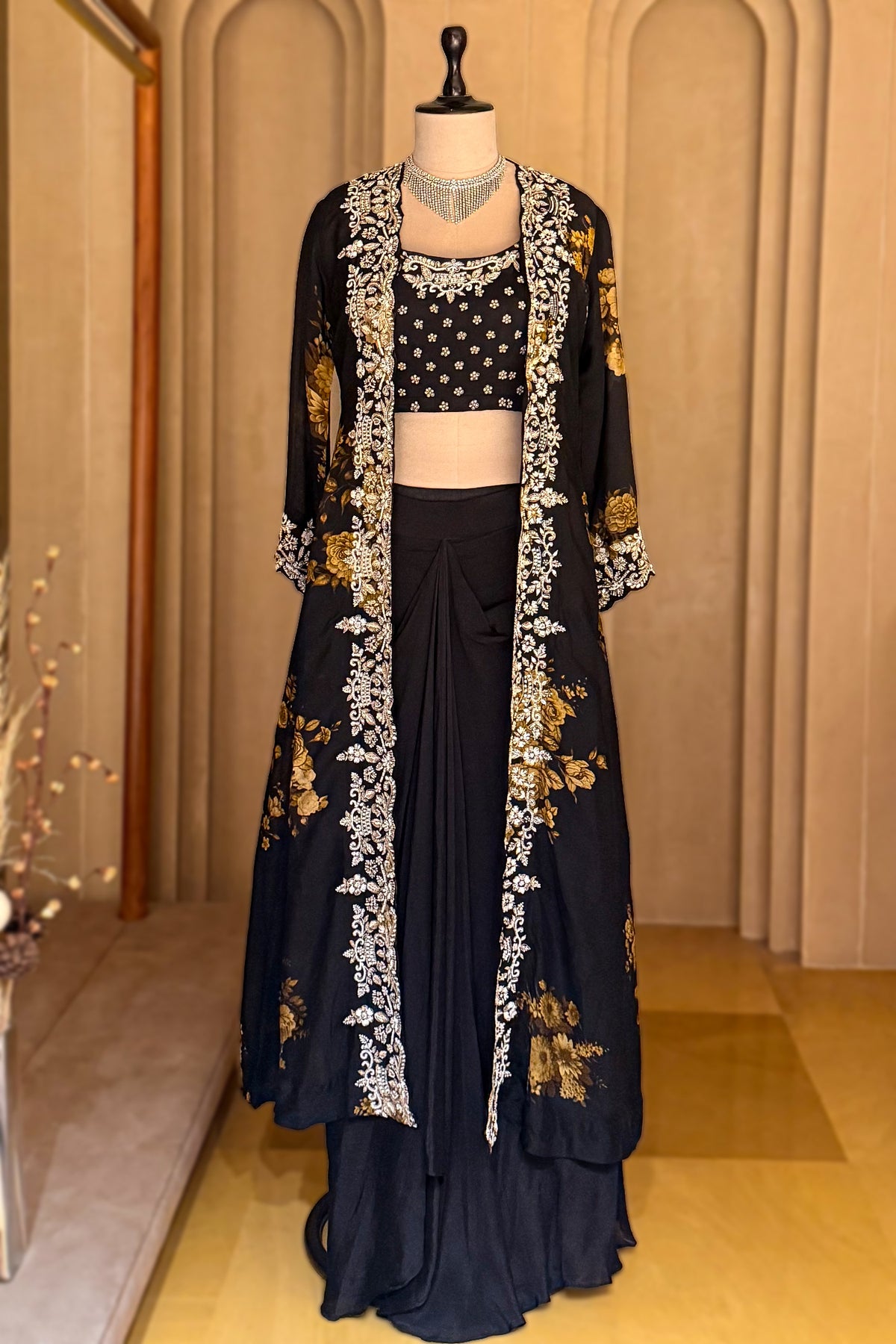 Black Chinon Chiffon Floral Printed Cape Set