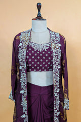 Wine Purple Chinon Chiffon Floral Printed Cape Set