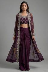 Wine Purple Chinon Chiffon Floral Printed Cape Set