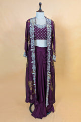 Wine Purple Chinon Chiffon Floral Printed Cape Set