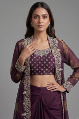 Wine Purple Chinon Chiffon Floral Printed Cape Set