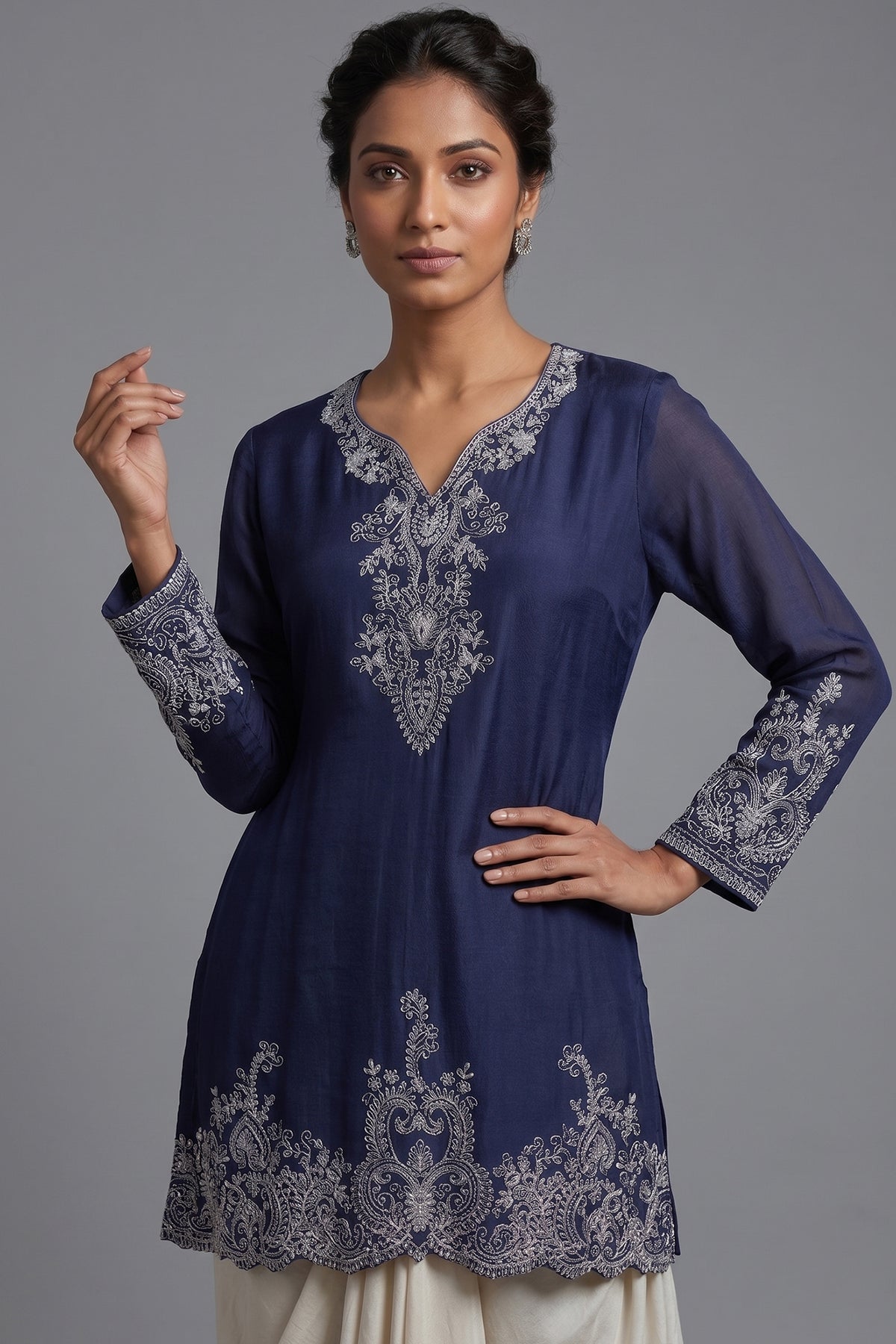 Blue Chinon Chiffon Sequin and Beaded Work Skirt Set