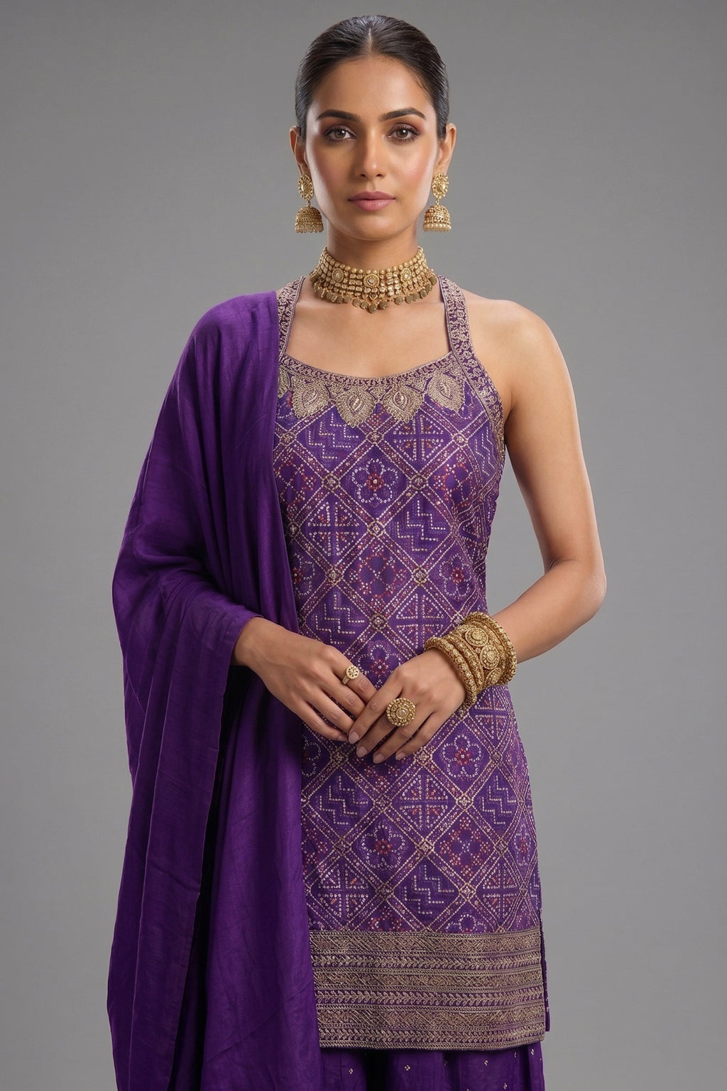 Purple Art Silk Printed Straight Cut Palazzo Suit