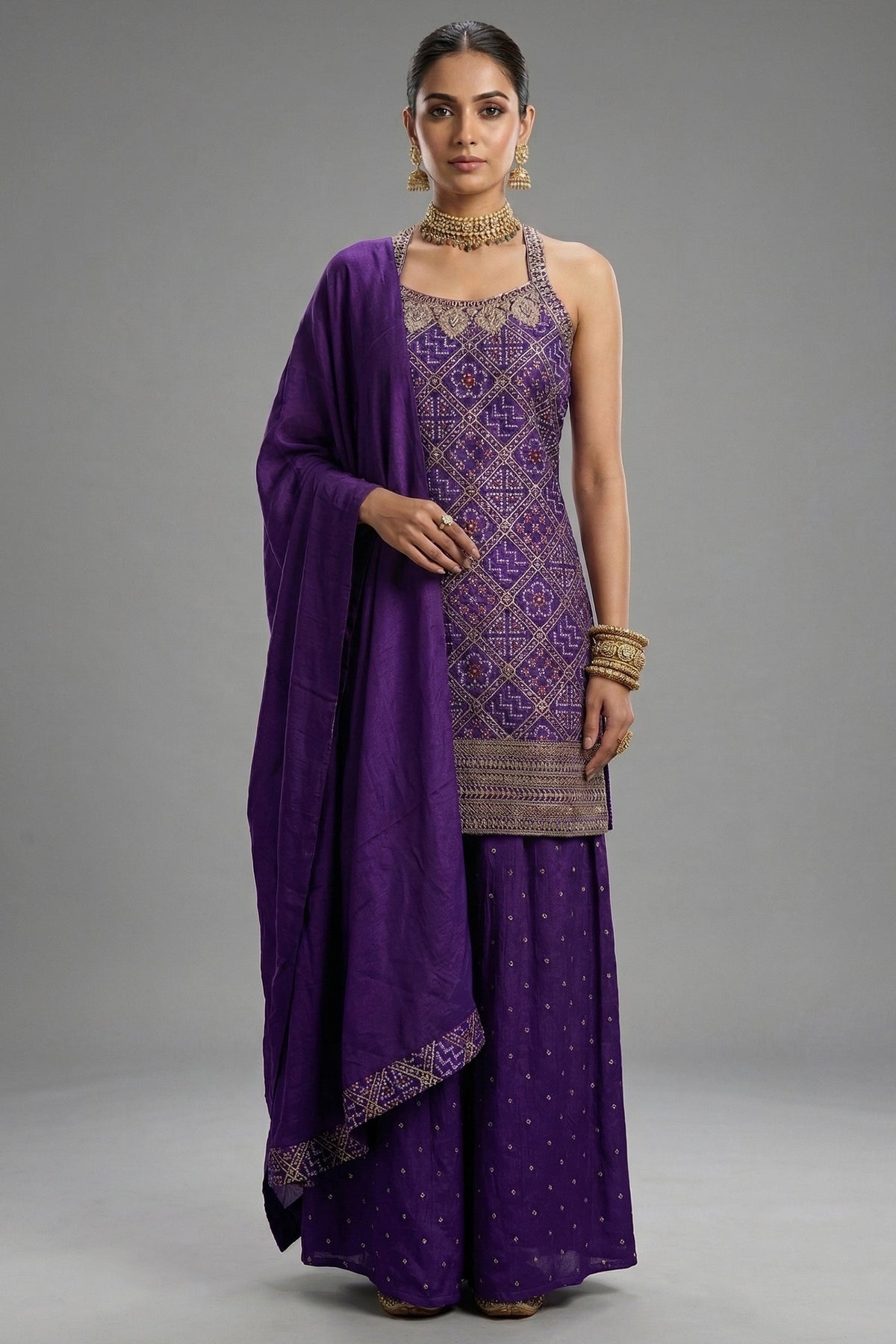 Purple Art Silk Printed Straight Cut Palazzo Suit
