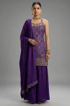 Purple Art Silk Printed Straight Cut Palazzo Suit
