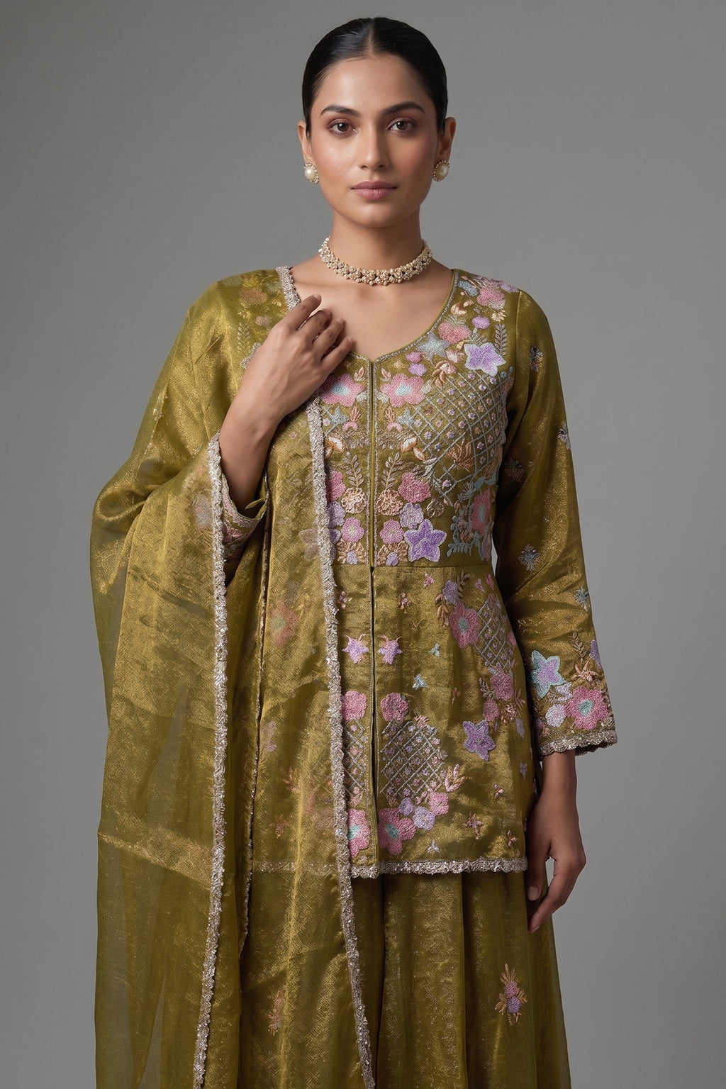 Olive Green Glass Tissue Floral Embroidered Peplum Style Palazzo Suit