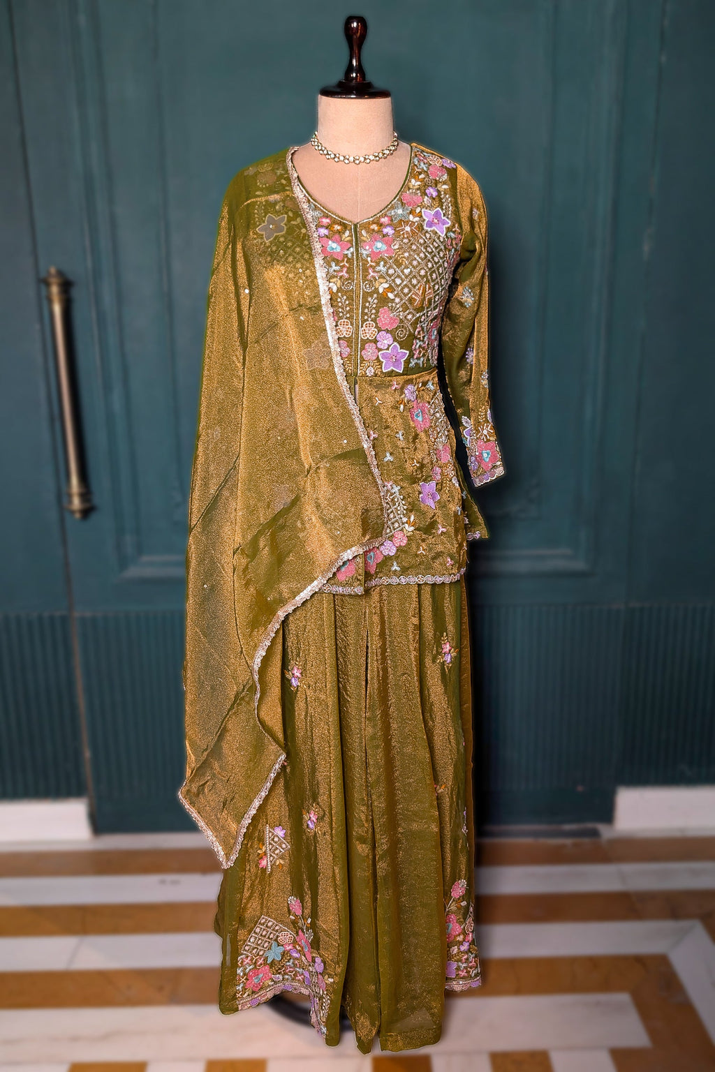 Olive Green Glass Tissue Floral Embroidered Peplum Style Palazzo Suit