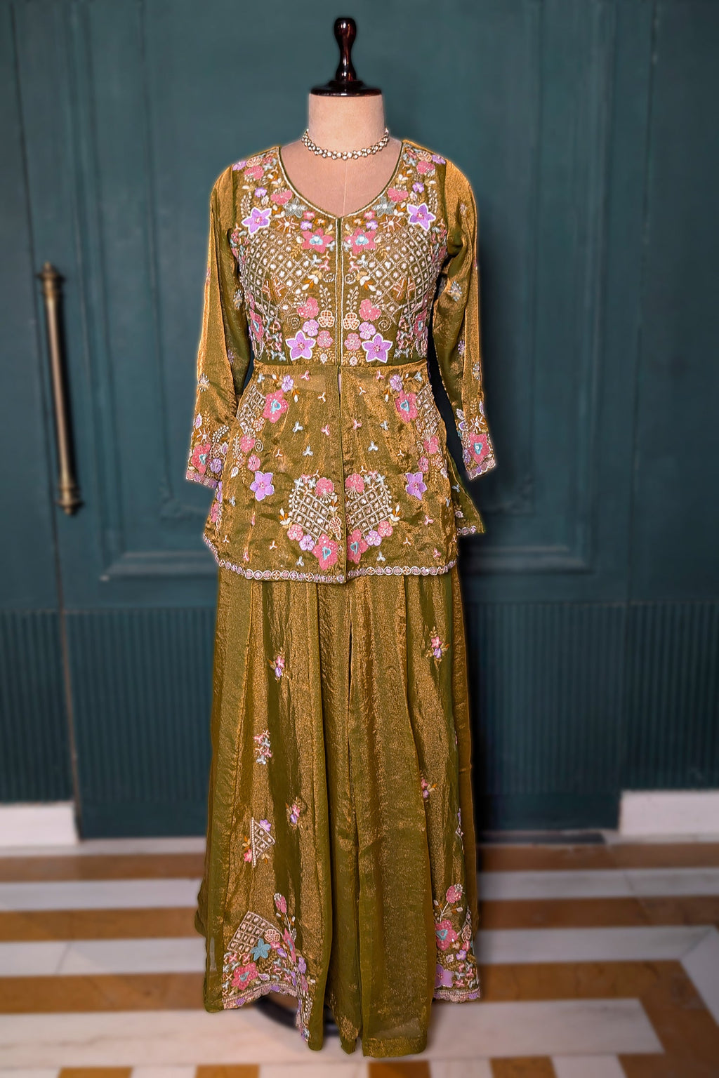 Olive Green Glass Tissue Floral Embroidered Peplum Style Palazzo Suit