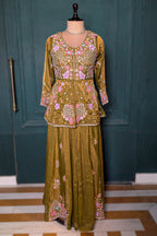 Olive Green Glass Tissue Floral Embroidered Peplum Style Palazzo Suit