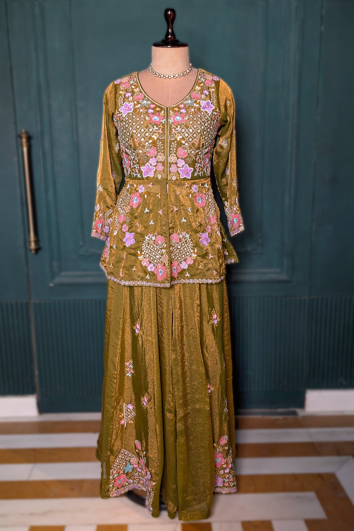 Olive Green Glass Tissue Floral Embroidered Peplum Style Palazzo Suit