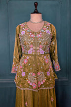 Olive Green Glass Tissue Floral Embroidered Peplum Style Palazzo Suit