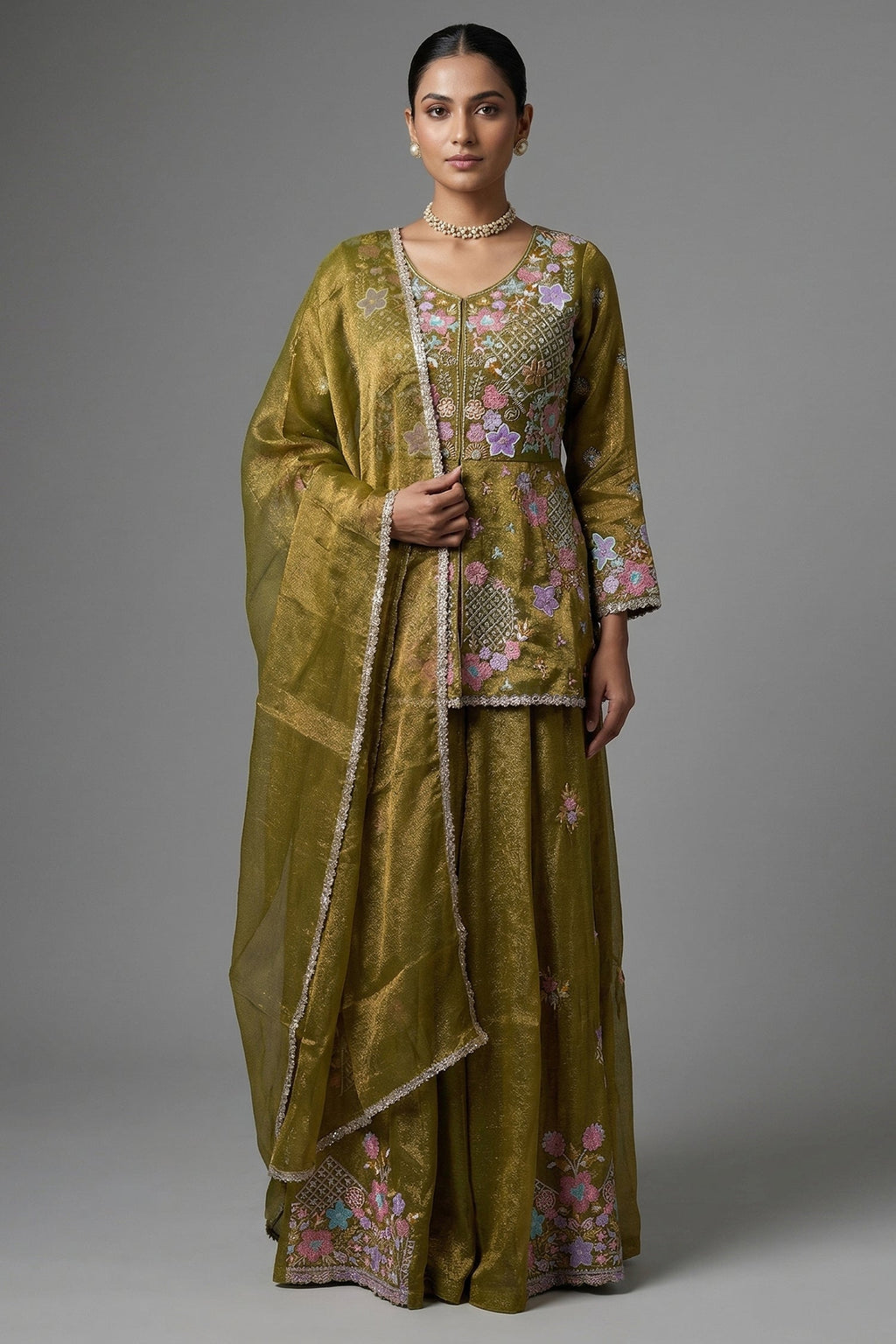 Olive Green Glass Tissue Floral Embroidered Peplum Style Palazzo Suit