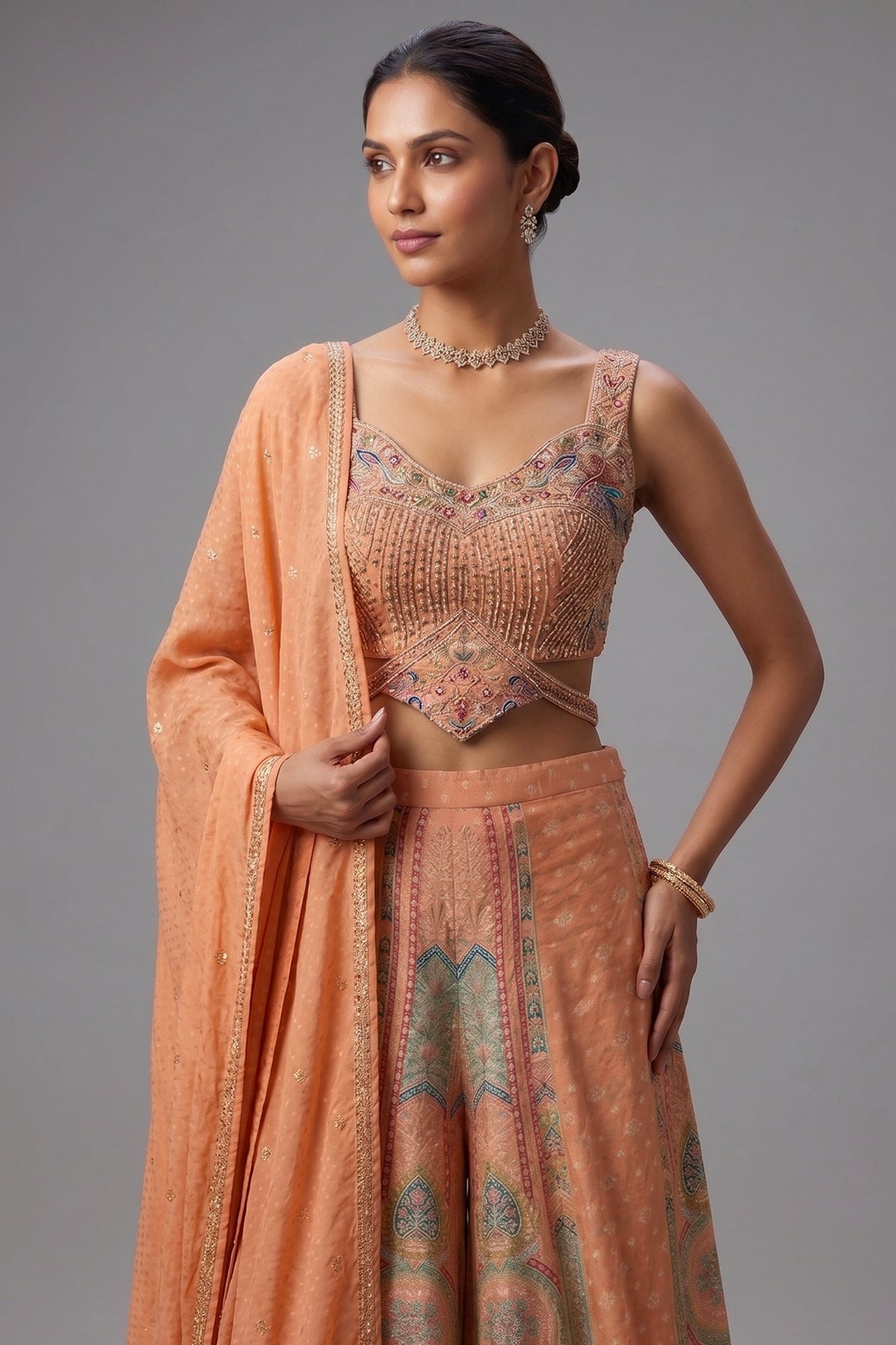 Light Peach Art Silk Embroidered Crop Top Palazzo Set