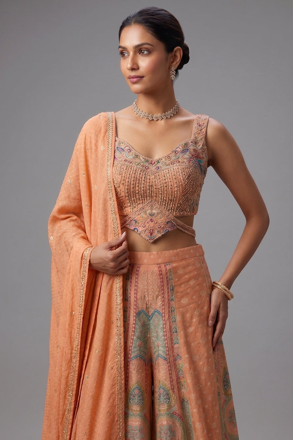 Light Peach Art Silk Embroidered Crop Top Palazzo Set