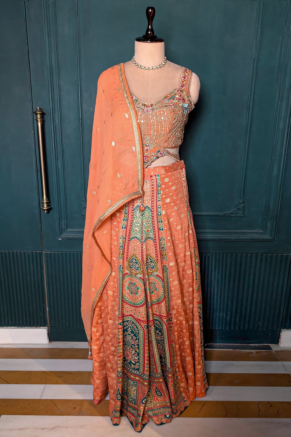Light Peach Art Silk Embroidered Crop Top Palazzo Set