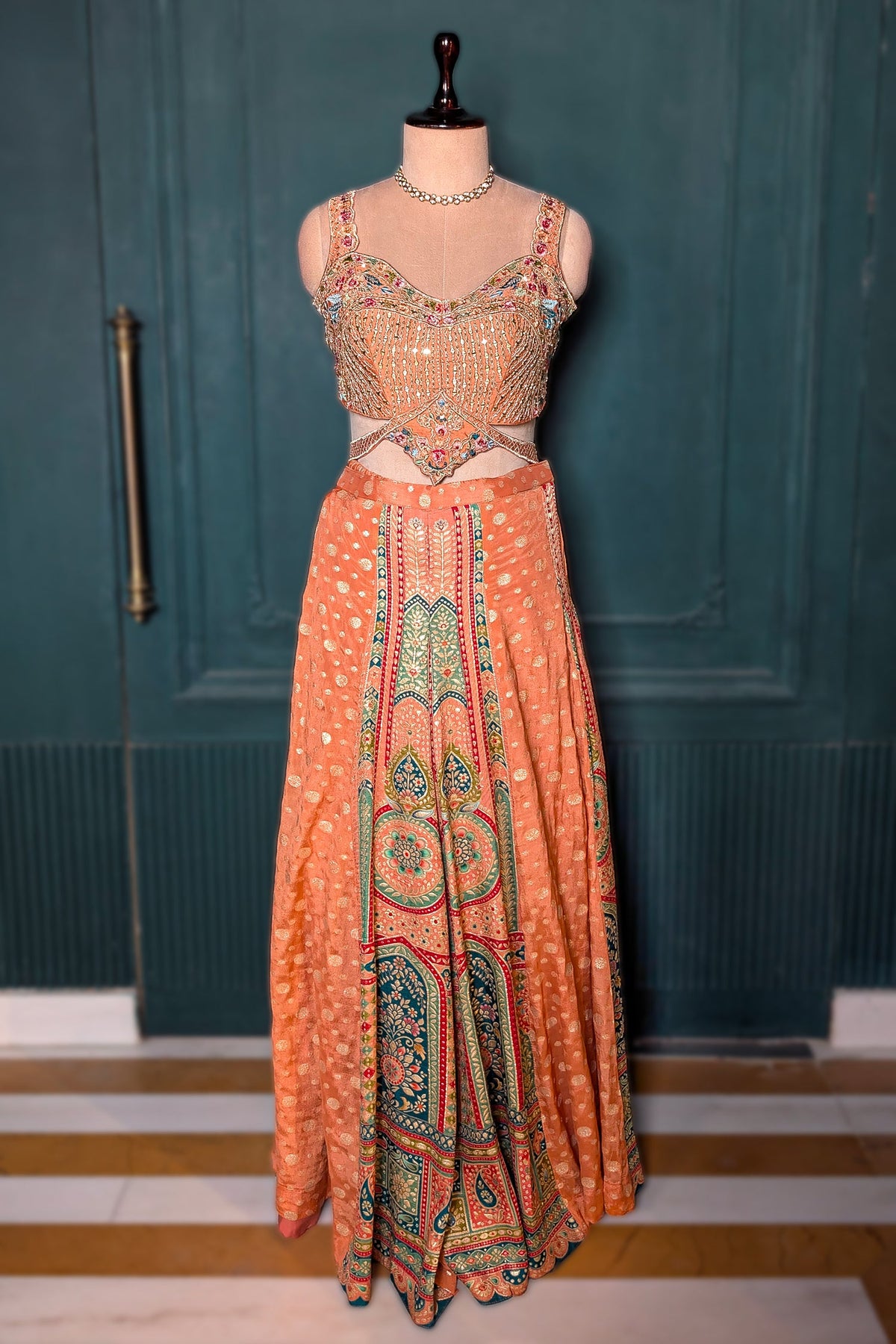 Light Peach Art Silk Embroidered Crop Top Palazzo Set