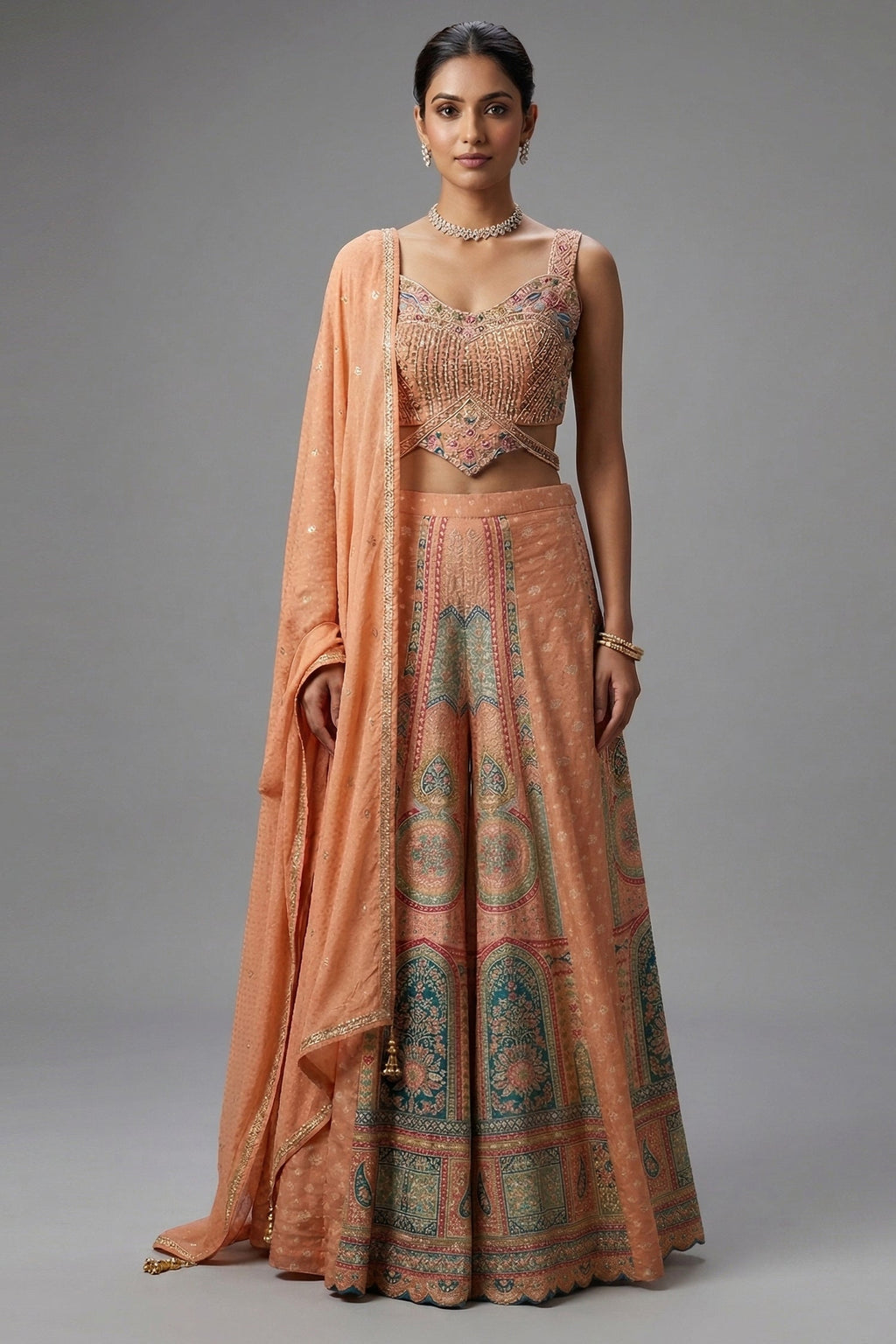Light Peach Art Silk Embroidered Crop Top Palazzo Set