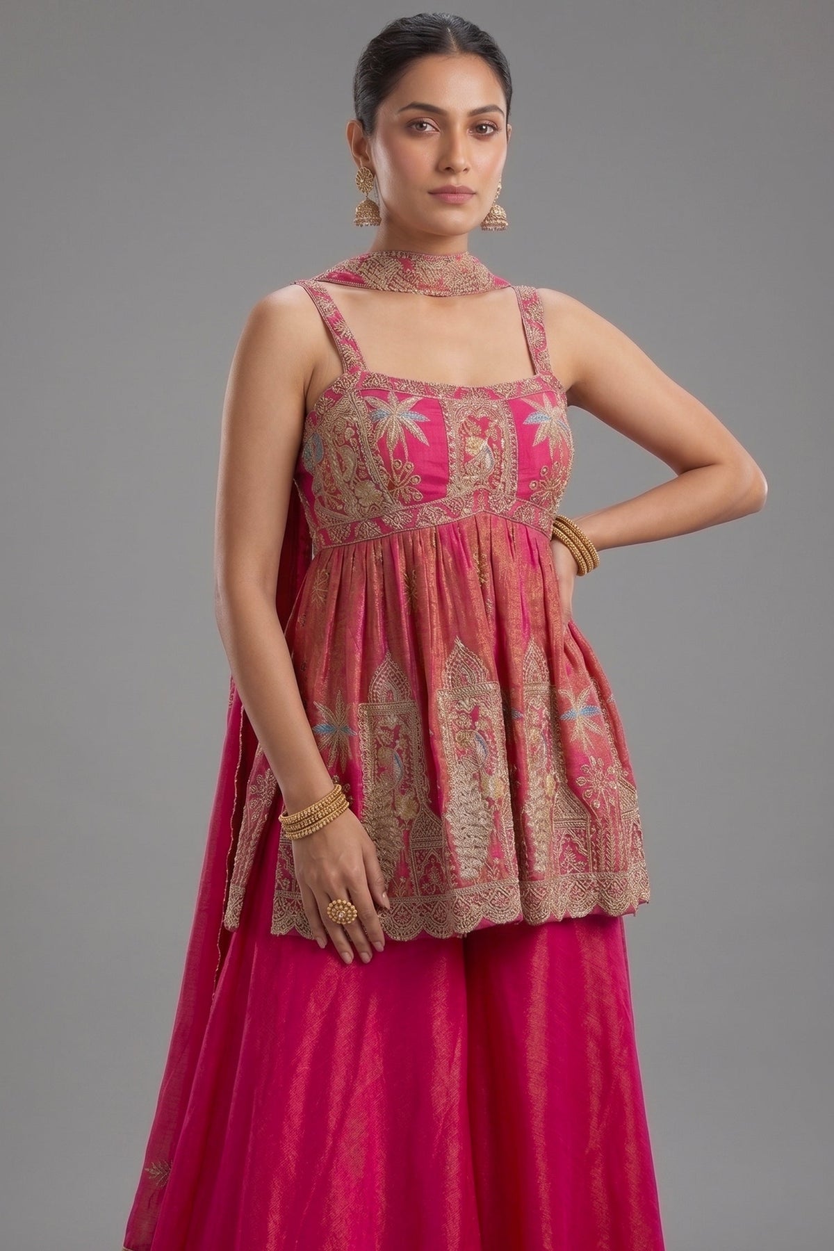 Rani Pink Tissue Silk Cutdana Beaded Peplum Set with Embroidery