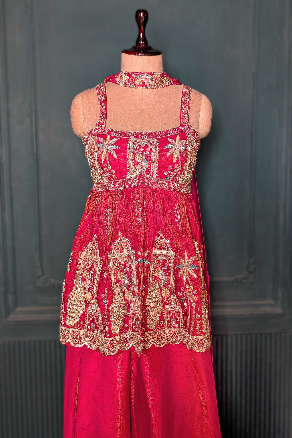 Rani Pink Tissue Silk Cutdana Beaded Peplum Set with Embroidery