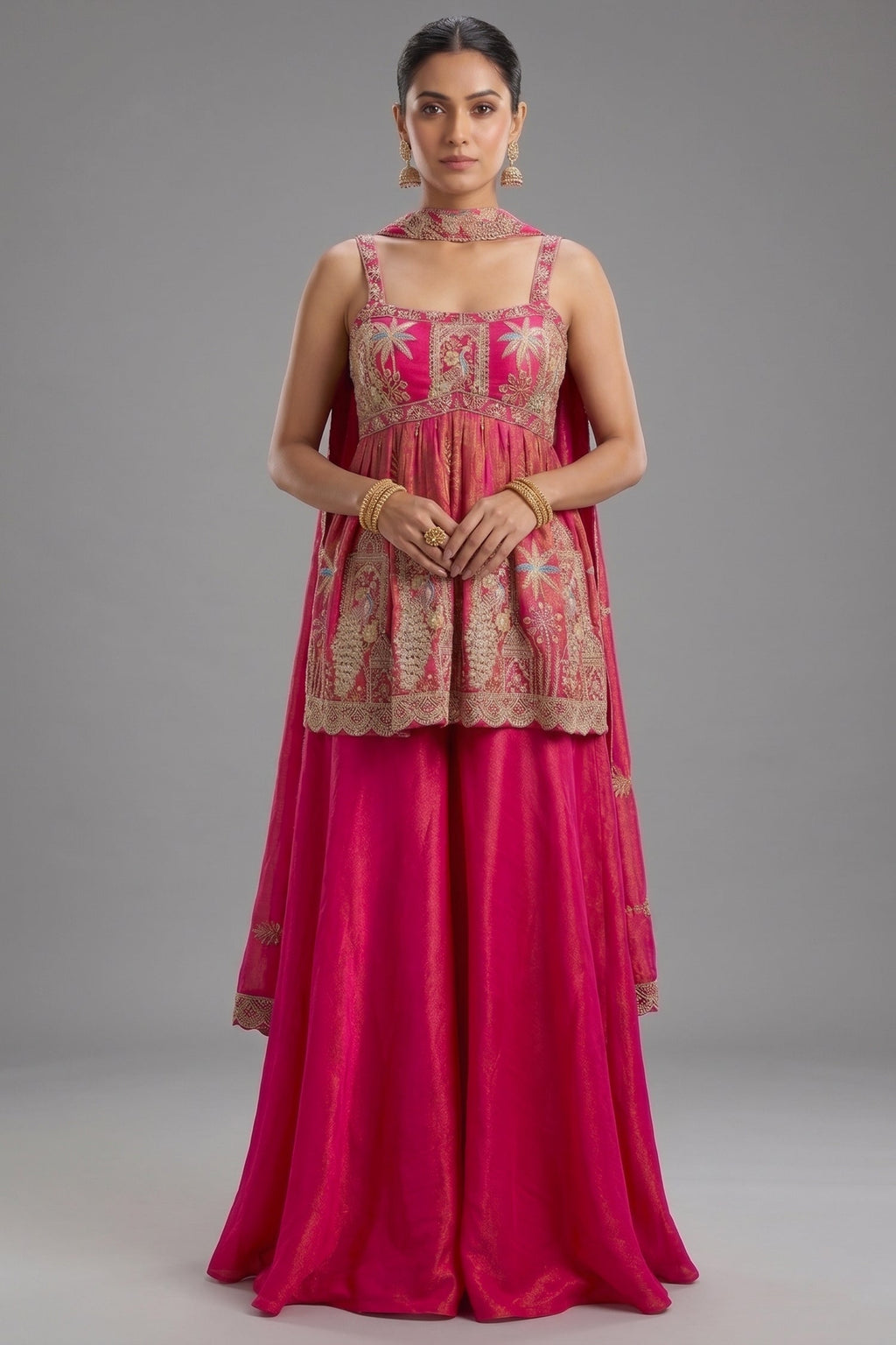 Rani Pink Tissue Silk Cutdana Beaded Peplum Set with Embroidery
