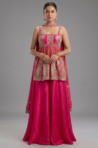 Rani Pink Tissue Silk Cutdana Beaded Peplum Set with Embroidery