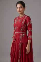 Red Chinon Silk Cutdana Beaded Peplum Skirt Set with Attached Dupatta