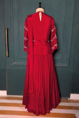Red Chinon Silk Cutdana Beaded Peplum Skirt Set with Attached Dupatta