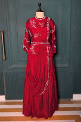Red Chinon Silk Cutdana Beaded Peplum Skirt Set with Attached Dupatta