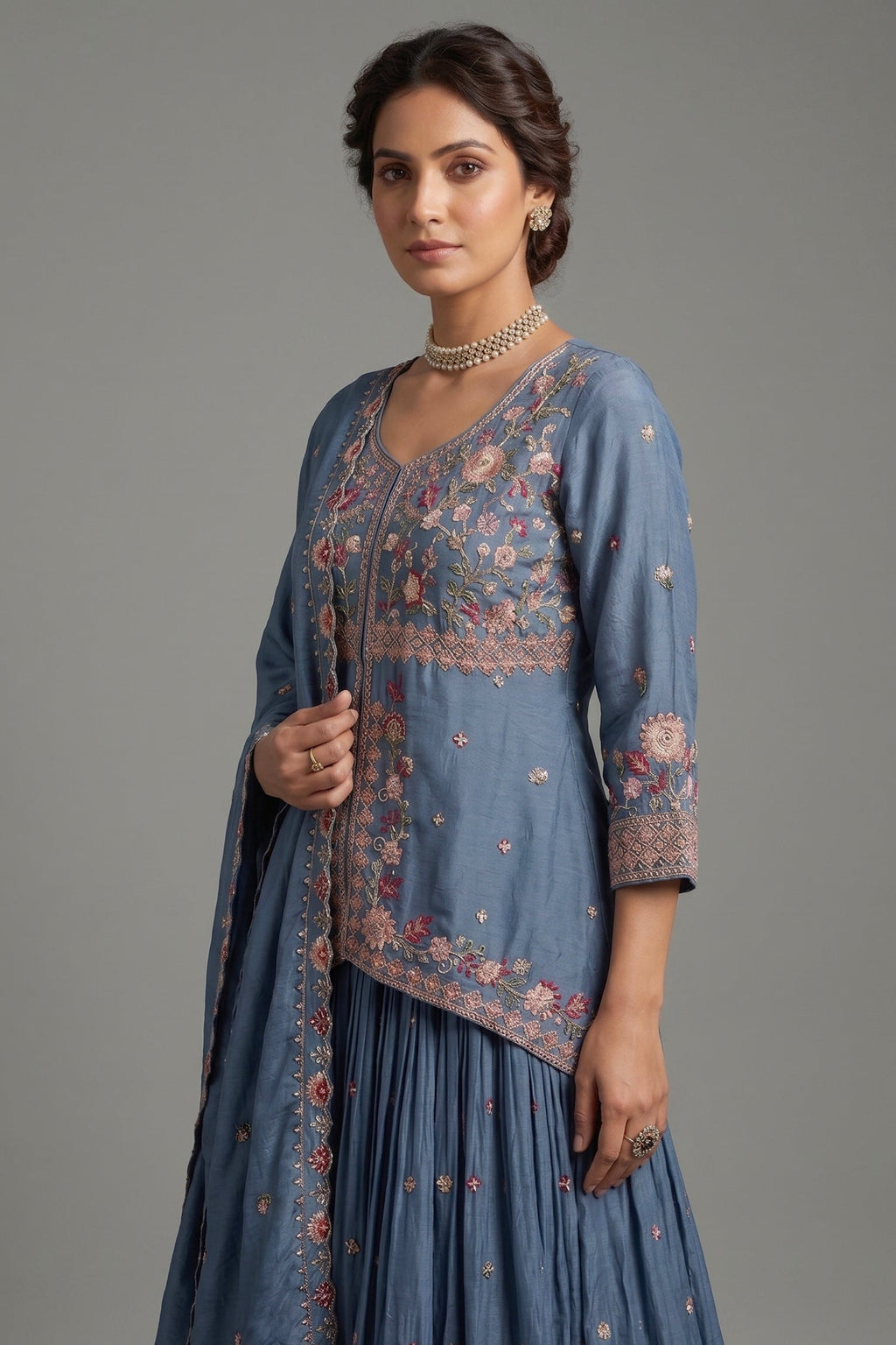Light Blue Chinon Silk Embroidered Slit Peplum Lehenga Set