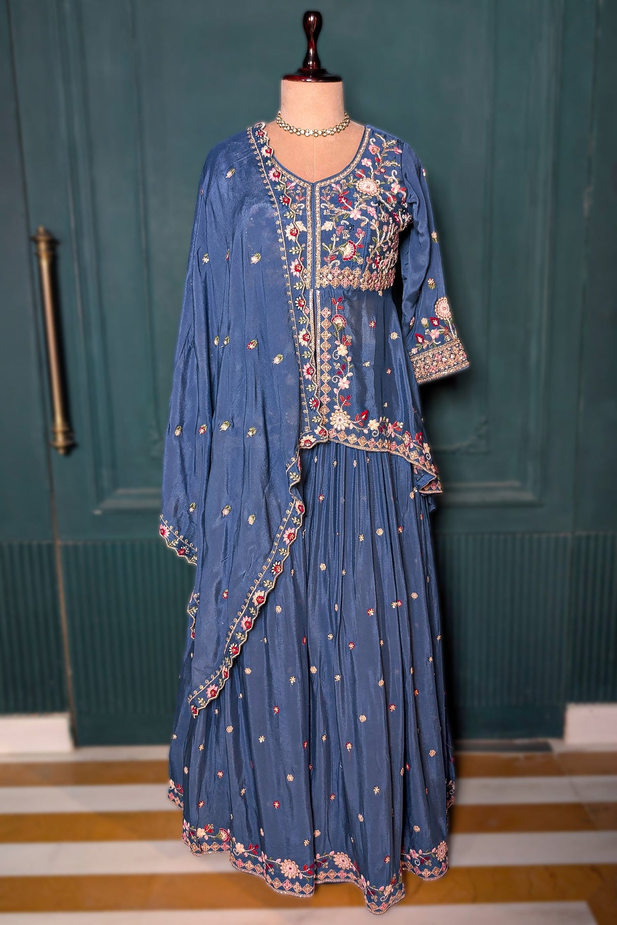 Light Blue Chinon Silk Embroidered Slit Peplum Lehenga Set