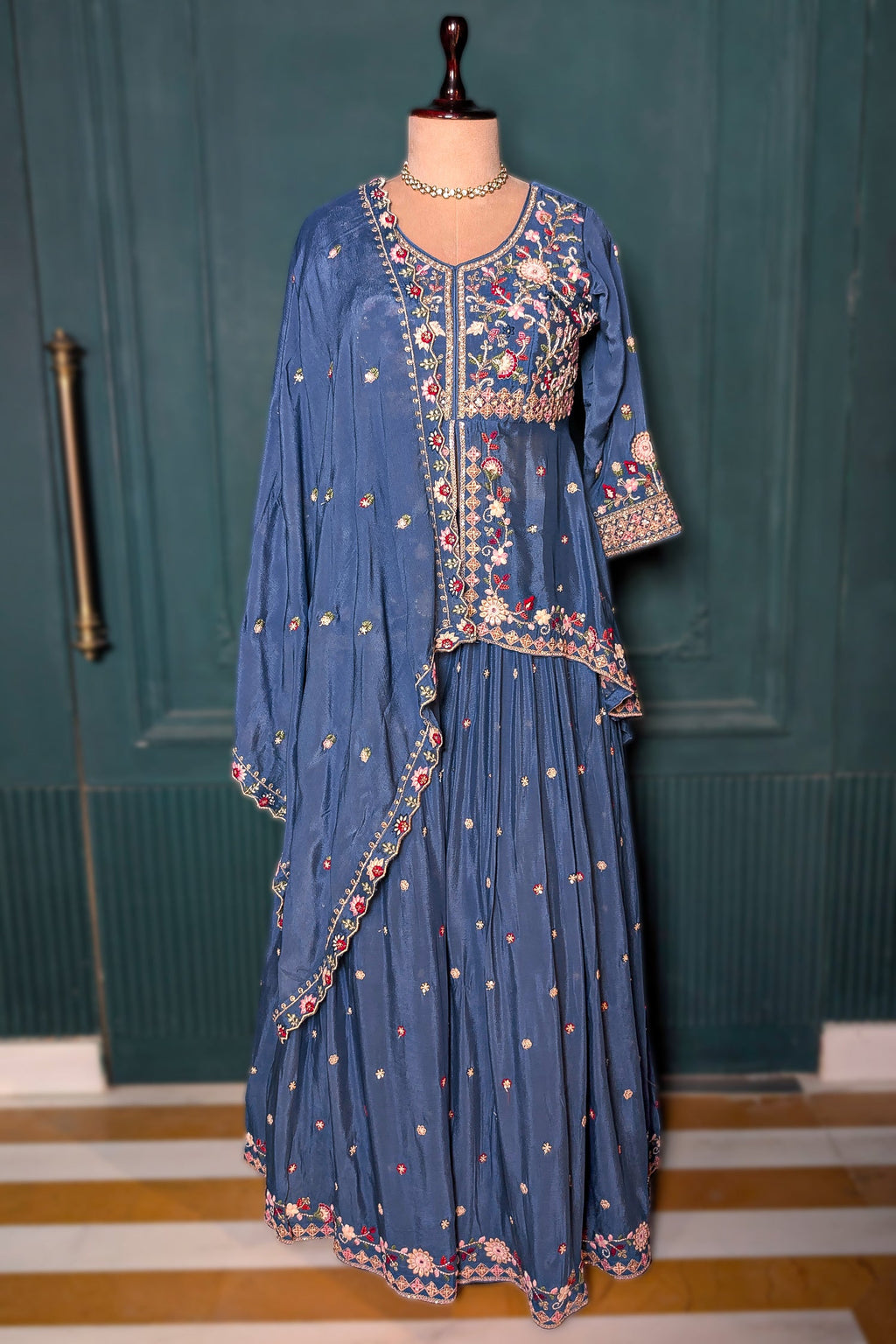 Light Blue Chinon Silk Embroidered Slit Peplum Lehenga Set