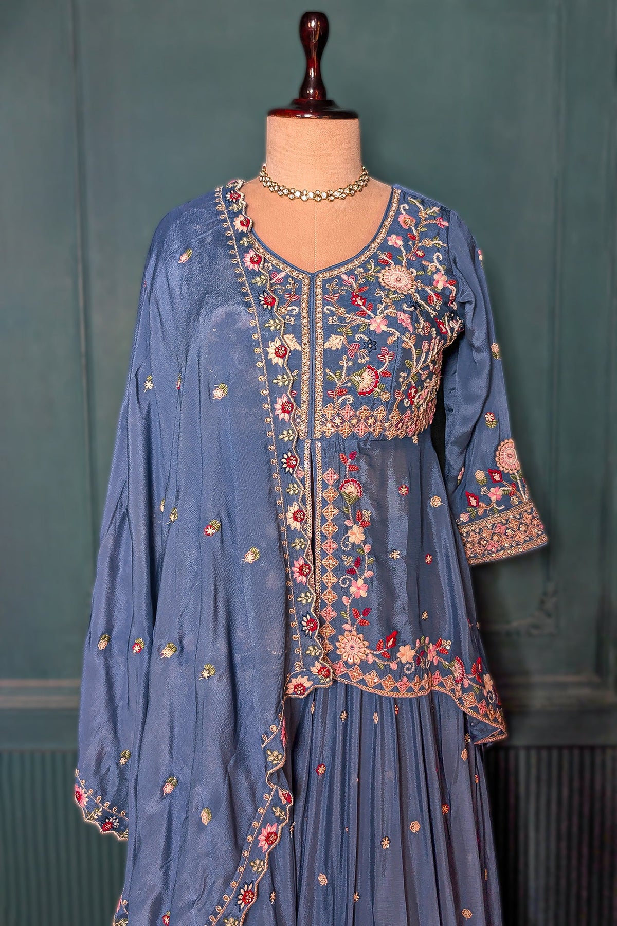 Light Blue Chinon Silk Embroidered Slit Peplum Lehenga Set