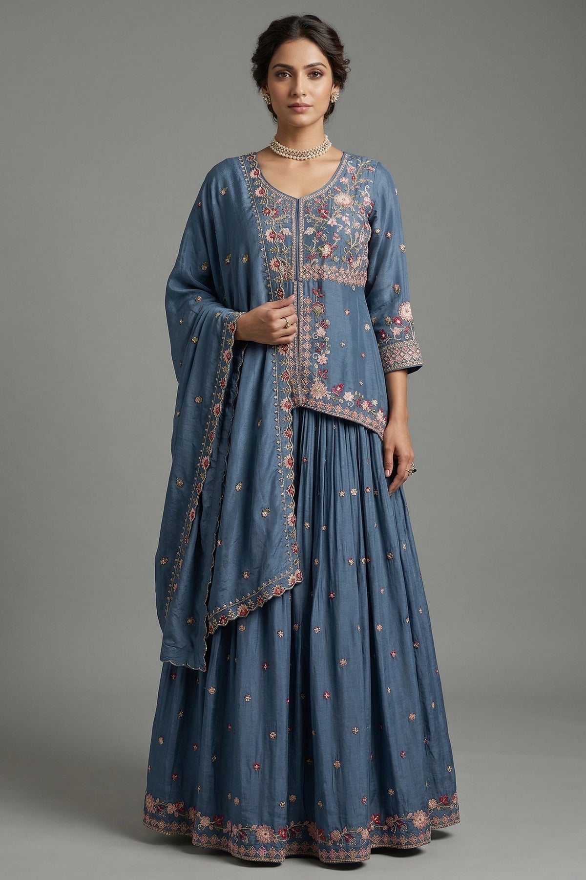 Light Blue Chinon Silk Embroidered Slit Peplum Lehenga Set