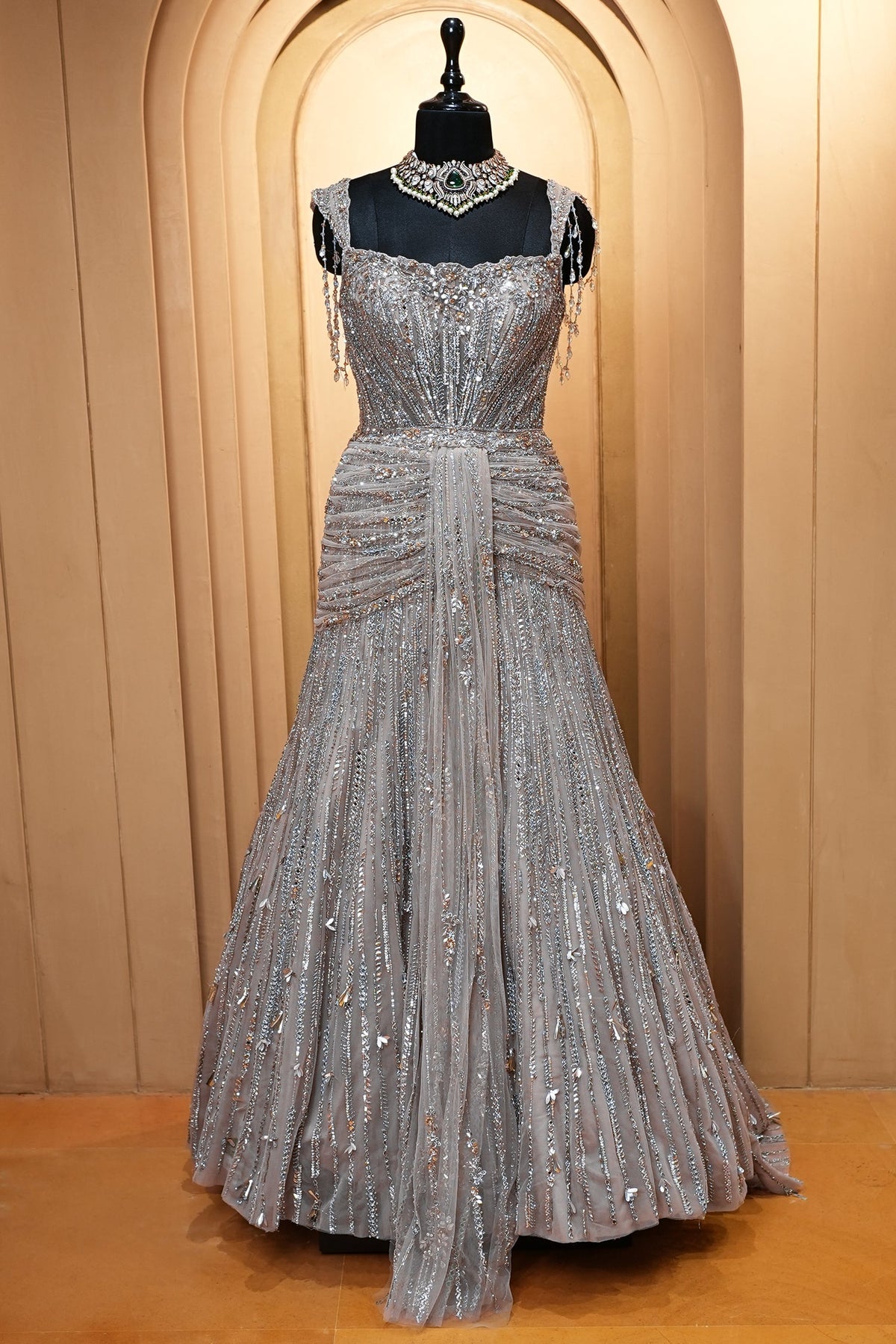 Grayish-Taupe Couture Heavily Hand-Embroidered Evening Gown