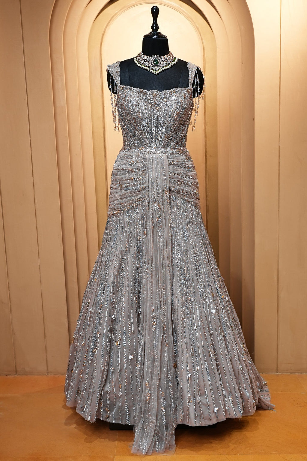 Grayish-Taupe Couture Heavily Hand-Embroidered Evening Gown
