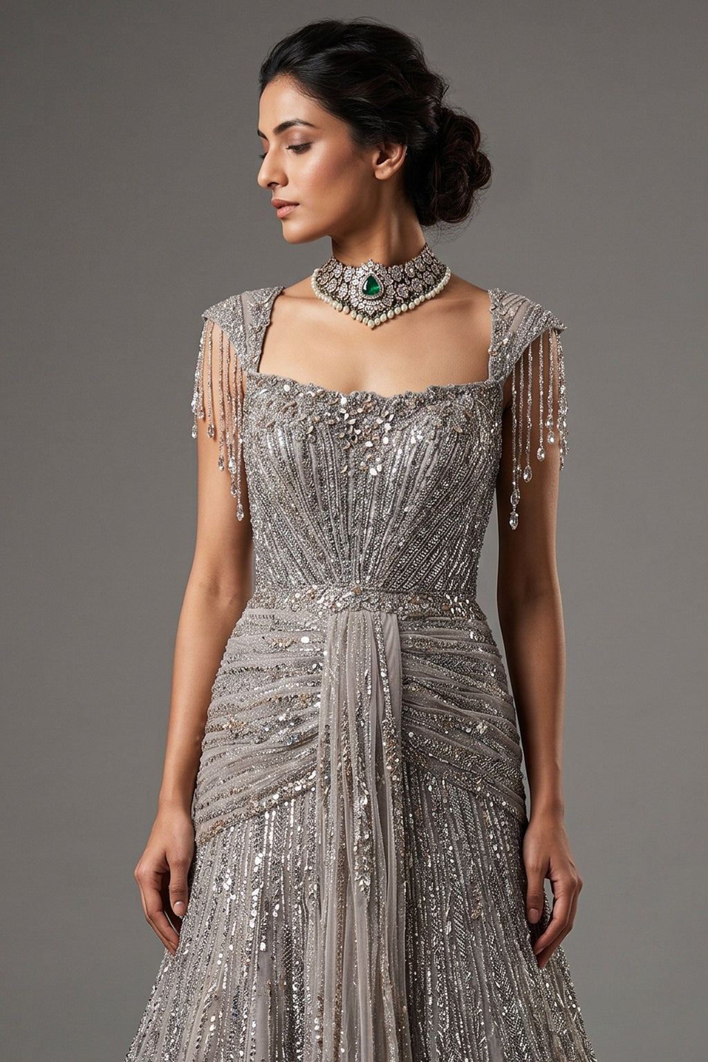 Grayish-Taupe Couture Heavily Hand-Embroidered Evening Gown