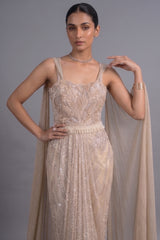 Champagne Beige Premium Net Hand-Embroidered Couture Gown with Watteau Trail Cape
